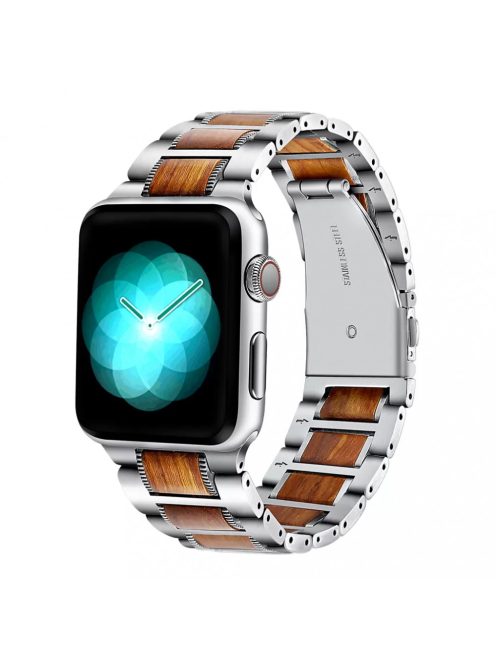 XPRO Apple Watch rozsdamentes acél fa berakással szíj Ezüst / Barna 42mm/44mm/45mm/49mm