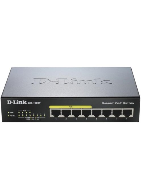 D-LINK Switch 8x1000Mbps (4xPOE) Menedzselhető Fémházas Asztali, DGS-1008P/E