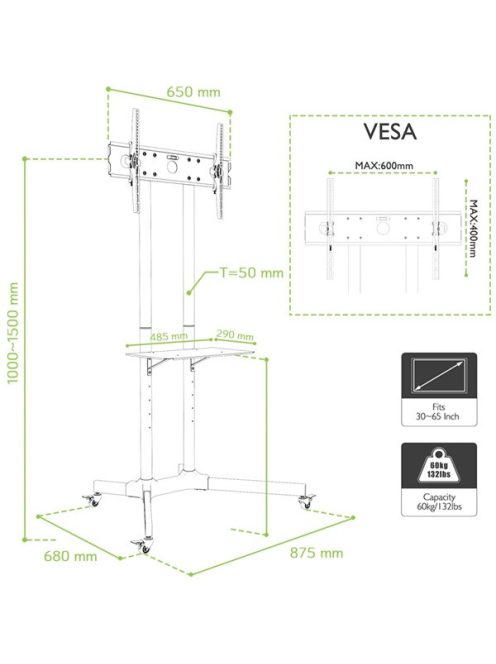 TECHLY ICA-TR6 gurulós padlóállvány 30-65" LED/LCD kijelzőhöz