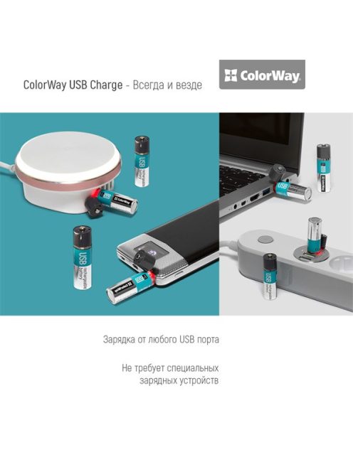 COLORWAY AA újratölthető elem, CW-UBAA-02 Rechargeable Battery USB 1200 mAh 1.5V (2pcs.)