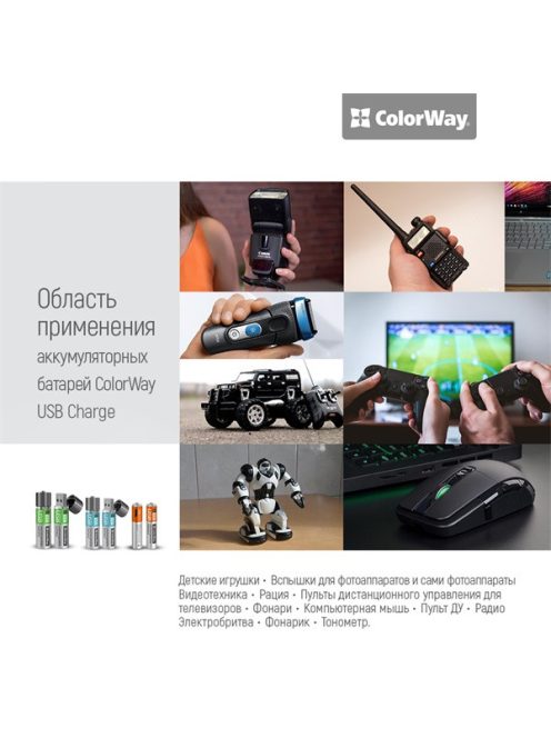 COLORWAY AA újratölthető elem, CW-UBAA-02 Rechargeable Battery USB 1200 mAh 1.5V (2pcs.)