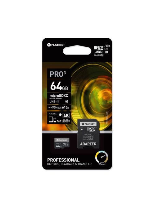 PLATINET Memóriakártya, PRO, microSDXC 64GB class10 UIII 90MB/s + ADAPTER