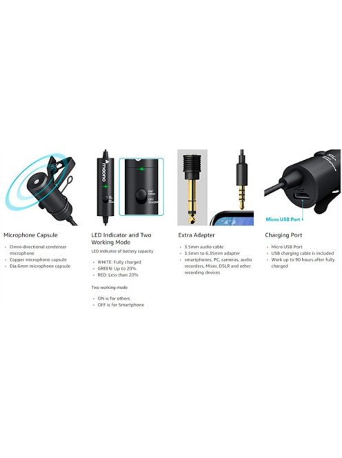 MAONO Tölthető Mikroport AU-100R, Rechargeable Omnidirectional Lapel Microphone
