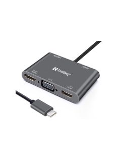 SANDBERG USB-C dokkoló, USB-C Dock 2xHDMI+1xVGA+USB+PD