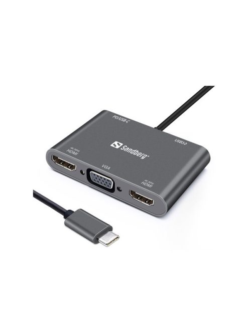 SANDBERG USB-C dokkoló, USB-C Dock 2xHDMI+1xVGA+USB+PD