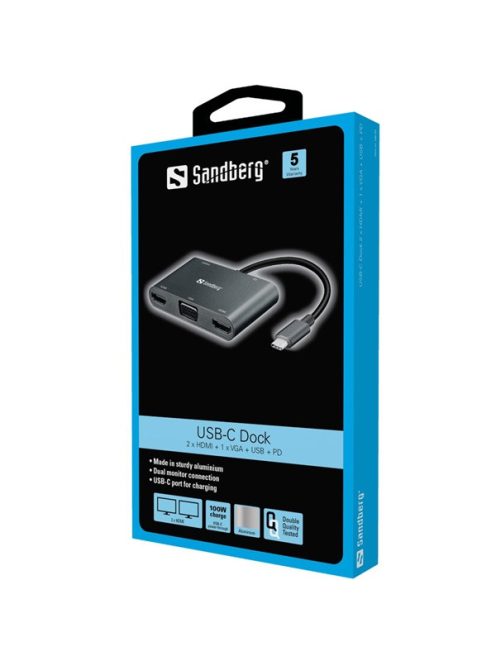 SANDBERG USB-C dokkoló, USB-C Dock 2xHDMI+1xVGA+USB+PD