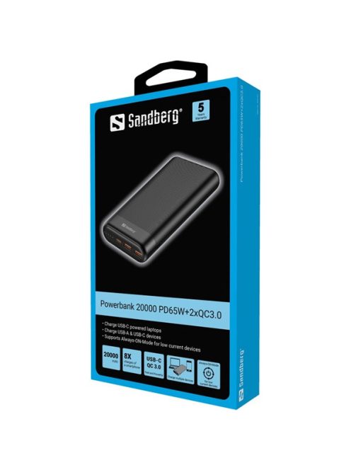 SANDBERG Hordozható akkumulátor, Powerbank 20000 PD65W+2xQC3.0