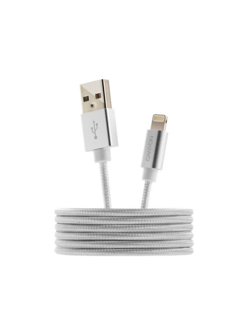 CANYON Töltőkábel, USB - LTG, Apple kompatibilis, Szövetborítás, 1m, fehér - CNS-MFIC3PW