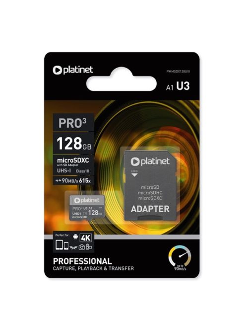 PLATINET Memóriakártya, PRO, microSDXC 128GB class10 U3 90MB/s + ADAPTER