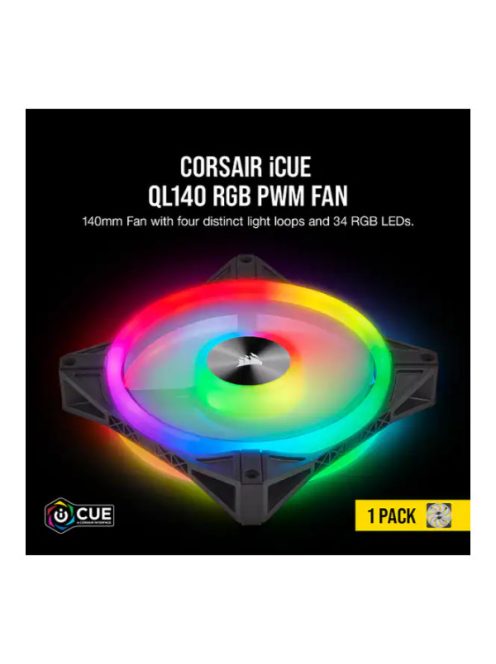 CORSAIR Rendszerhűtő Ventilátor, iCUE QL140 RGB, 14cm, fekete