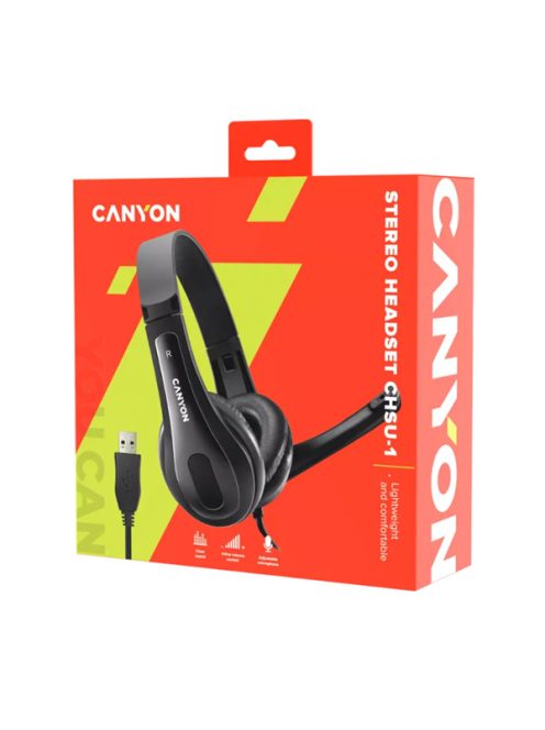 CANYON Vezetékes Headset, USB csatlakozás, Hangerő szabályzóval, Ultra könnyű, fekete - CNS-CHSU1B