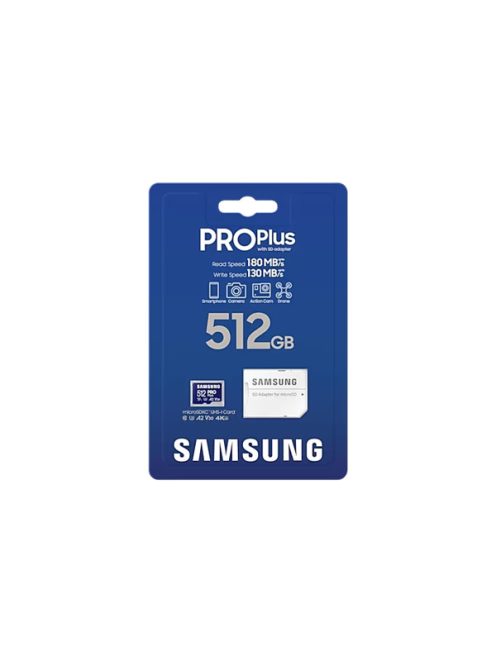 SAMSUNG Memóriakártya, PRO Plus microSDXC kártya 512GB, CLASS 10, UHS-I, U3, V30, A2, + Adapter, R180/W130