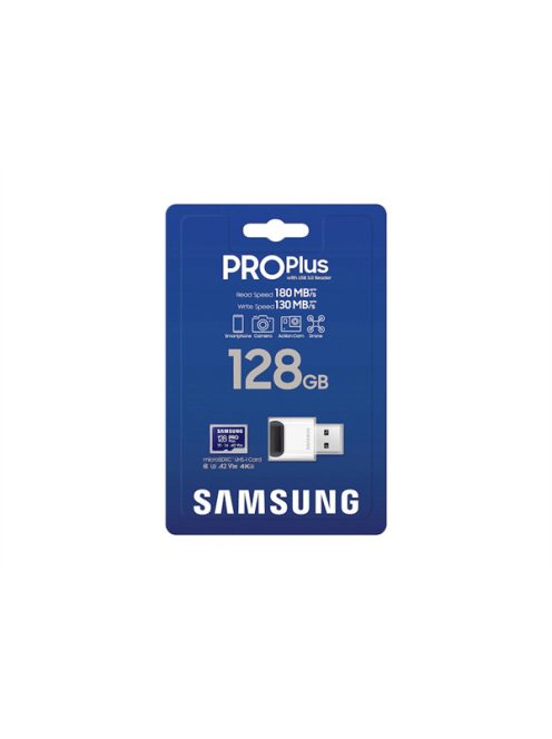 SAMSUNG Memóriakártya, PRO Plus + Reader microSDXC 128GB, CLASS 10, UHS-I, U3, V30, A2, R180/W130