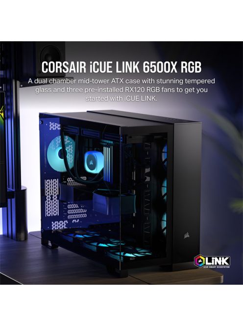 CORSAIR Ház iCUE LINK 6500X RGB, 3x iCUE LINK RX120 RGB Ventilátor, Tápegység nélkül, Edzett Üveg, fekete