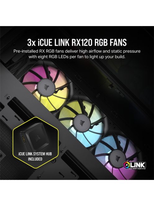 CORSAIR Ház iCUE LINK 6500X RGB, 3x iCUE LINK RX120 RGB Ventilátor, Tápegység nélkül, Edzett Üveg, fekete