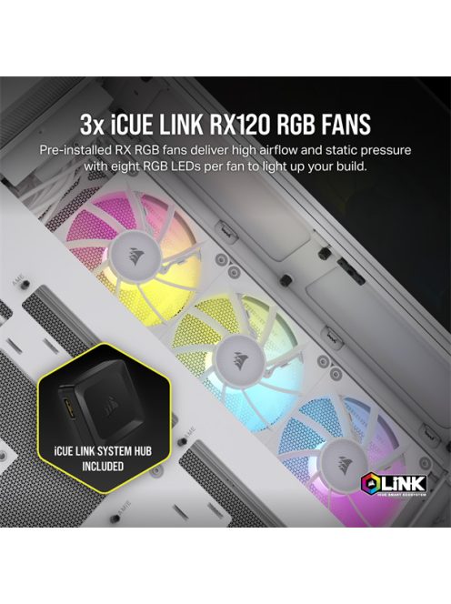 CORSAIR Ház iCUE LINK 6500X RGB, 3x iCUE LINK RX120 RGB Ventilátor, Tápegység nélkül, Edzett Üveg, fehér