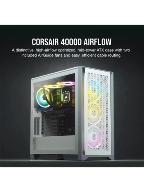 CORSAIR Ház 4000D AIRFLOW, Tápegység nélkül, Edzett Üveg, fehér