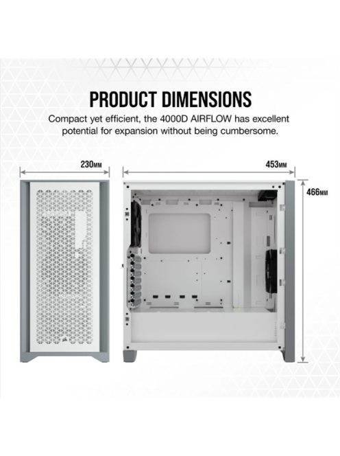 CORSAIR Ház 4000D AIRFLOW, Tápegység nélkül, Edzett Üveg, fehér