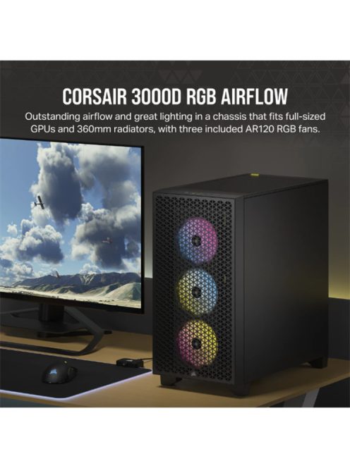 CORSAIR Ház 3000D RGB AIRFLOW, 3xAR120 RGB Ventilátorral, Tápegység nélkül, Edzett Üveg, fekete