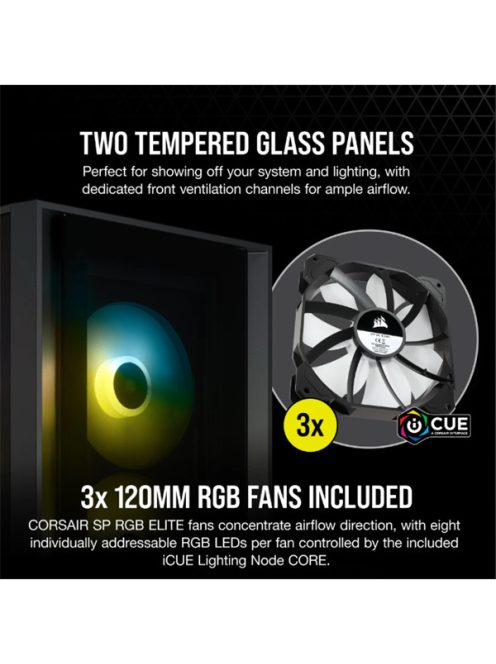 CORSAIR Ház iCUE 4000X RGB, 3x12mm RGB Ventillátorral, Tápegység nélkül, Edzett Üveg, fekete