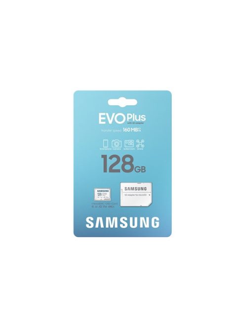 SAMSUNG Memóriakártya, EVO Plus microSDXC kártya ,128GB, UHS-1, U3, V30, A2, + SD Adapter, R160/W