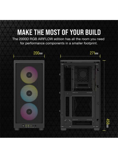 CORSAIR Ház 2000D RGB AIRFLOW Mini-ITX, 3xAF120 RGB SLIM Ventillátorral, SFX Tápegység nélkül, Edzett Üveg, fekete