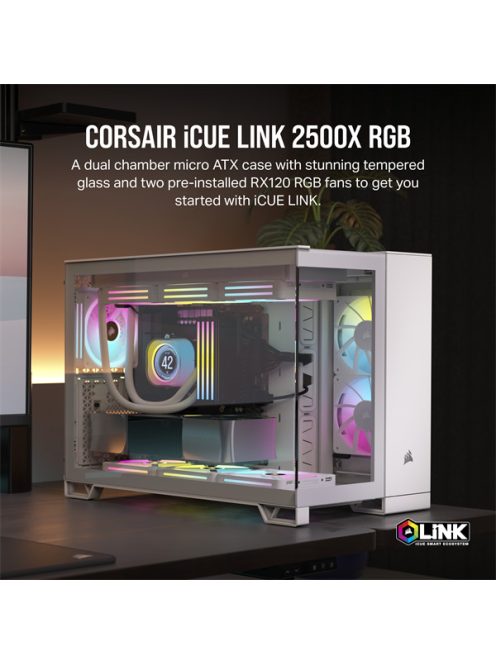 CORSAIR Ház iCUE LINK 2500X RGB Dual Chamber, 2xRX120 RGB Ventilátor, Tápegység nélkül, Edzett Üveg, fehér