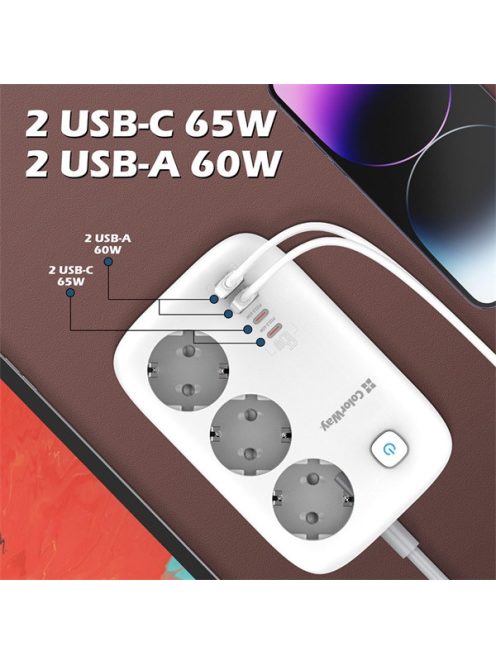 COLORWAY Hálózati elosztó, CW-CHE34PDW, 3 dugalj, 4xUSB (2xUSB-A, 2XTYPE-C) GaN3 Pro PD 2m, 65W, fekete