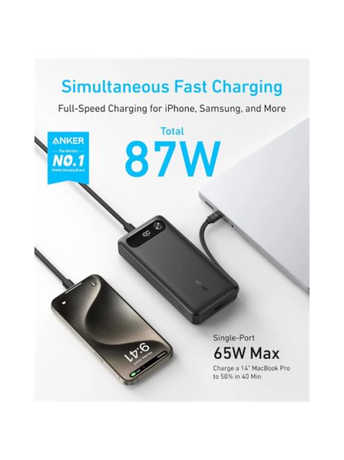 ANKER Powerbank 20000mAh, 65W, 1xUSB-C, 1xUSB-A, Beépített USB-C töltő kábel, fekete - A1383H11