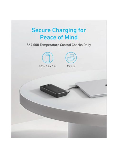 ANKER Powerbank 20000mAh, 65W, 1xUSB-C, 1xUSB-A, Beépített USB-C töltő kábel, fekete - A1383H11