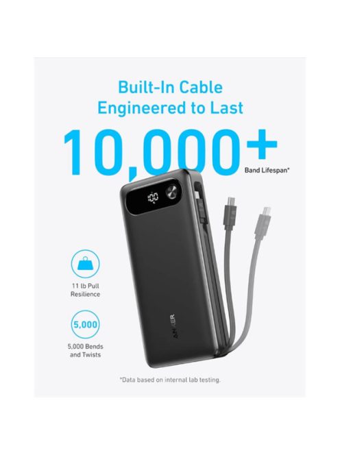 ANKER Powerbank 20000mAh, 65W, 1xUSB-C, 1xUSB-A, Beépített USB-C töltő kábel, fekete - A1383H11