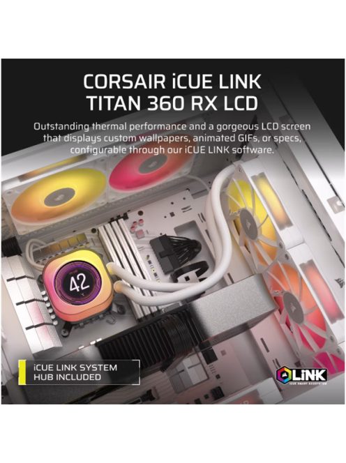 CORSAIR CPU hűtő iCUE LINK TITAN 360 RX LCD (vízhűtés), 3 Ventilátorots, LGA1700 támogatással, fehér