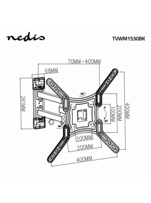 Nedis TVWM1530BK 23"-55"  LCD TV / monitor fali tartókonzol, maximum 30 kg, forgatható dönthető, 3 forgáspont
