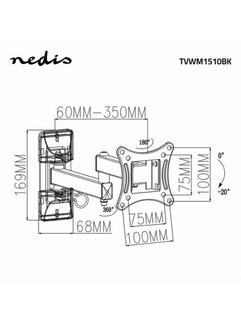 Nedis TVWM1510BK 13"-27"  LCD TV / monitor fali tartókonzol, maximum 15 kg, forgatható, dönthető, fekete