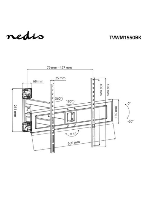 Nedis TVWM1550BK 37"-70 LCD TV / monitor fali tartókonzol, maximum 35 kg, dönthető és forgatható, acél, fekete