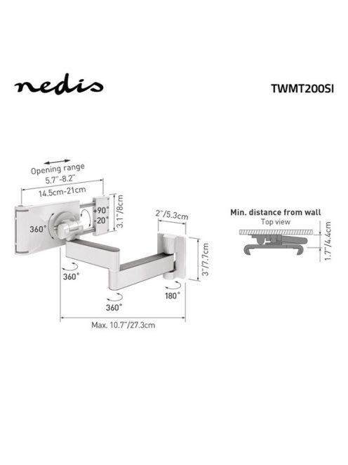 Nedis TWMT200SI 7"-12" tablet fali tartó konzol, maximum 1 kg, 360° fokban forgatható, dönthető, fehér/ezüst