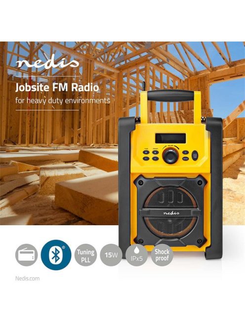 Nedis RDFM3100YW munka rádió, FM, bluetooth, rezgéscsillapítás, 15W, 20 FM állomás, 3,5 mm audióbemenet