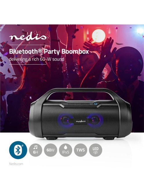 Nedis SPBB310BK akkumulátoros party boombox, 120W, Bluetooth, 10 m hatótávolság, USB, microSD , 6 óra vez nélkül