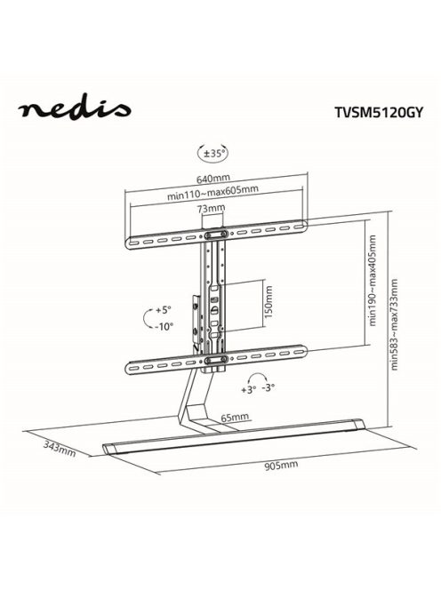 Nedis TVSM5120GY asztali LCD TV állvány (tartó konzol), 37-75", VESA 600x400, max 40kg