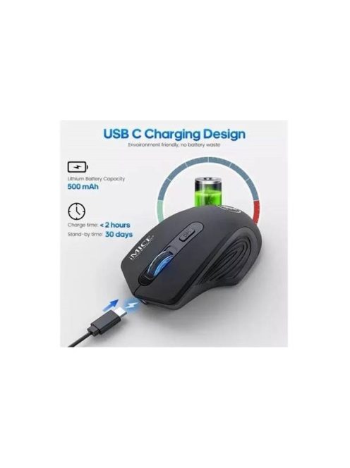 IMICE Vezeték nélküli egér optikai, G-1800RC BK, 1600dpi, USB, Fekete, tölthető akku