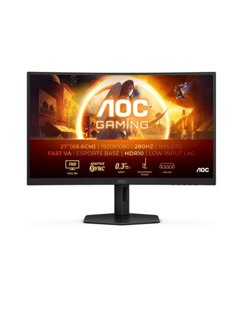 AOC Ívelt Gaming 280Hz monitor 27" C27G4ZXU, 1920x1080, 16:9, 300cd/m2, 0,3ms, HDMIx2/DisplayPort/USBx4