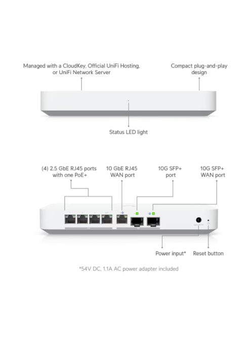 UBiQUiTi Vezetékes Router Gateway 4x2,5Gbit + 1x10Gbps SFP+ (LAN) + 1x10Gbit (SFP+/LAN) (WAN), Asztali - UXG-FIBER