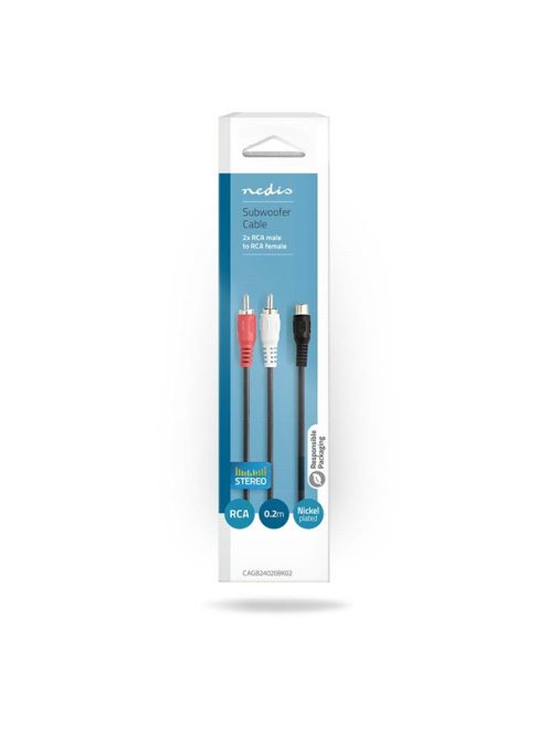 Nedis CAGB24020BK02 sztereo audio kábel, 1x RCA aljzat - 2x RCA dugó, 0,20m