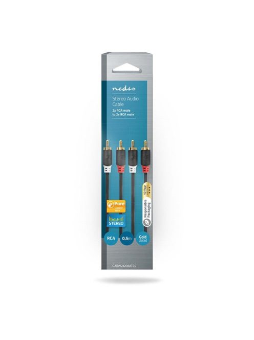 Nedis CABW24200AT05 sztereo audió kábel 2x RCA férfi,  2x RCA férfi, Aranyozott,  0,50 m , kerek,  Antracit
