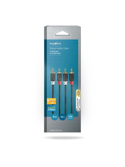 Nedis CABW24200AT100 sztereo audió kábel 2x RCA férfi,  2x RCA férfi, Aranyozott,  10 m , kerek,  Antracit