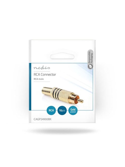 Nedis CAGP24900BK RCA csatlakozó, 10 db, Egyenes, Aranyozott,  Forrasztó, Kábel bemeneti átmérő: 7,0 mm, Fém, Fekete