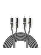 Nedis COTH24200GY30 sztereo audio kábel, 2x RCA dugó,  2x RCA dugó, Nikkelezett,  3 m, rugalmas