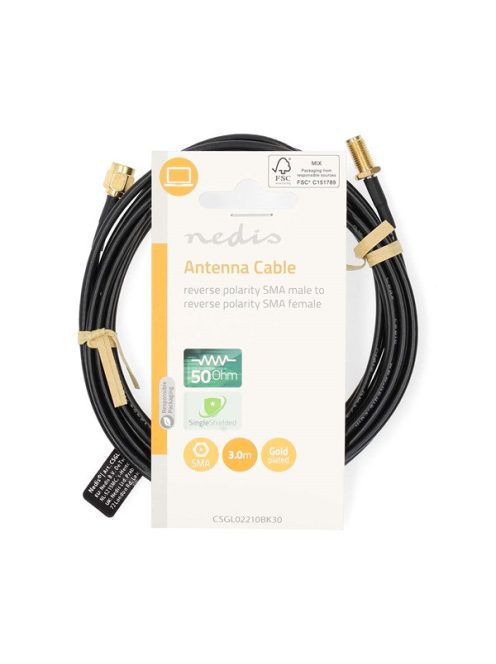 Nedis CSGL02210BK30 SMA kábel, RP SMA férfi, RP SMA női, Aranyozott, 50 Ohm, Egyetlen árnyékolt, 3,00 m, kerek