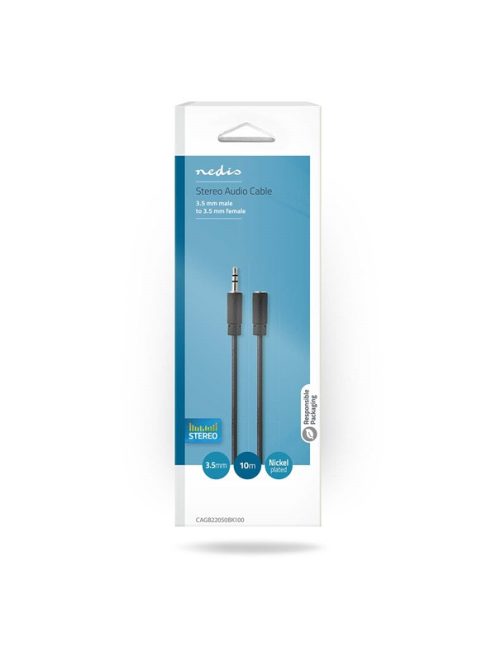 Nedis CAGB22050BK100 sztereo audio kábel, 3,5 mm jack dugó - 3,5 mm jack aljzat, 10 m