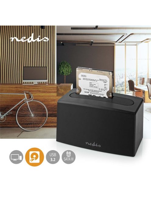 Nedis HDDUSB3210BK HDD / SSD dokkoló, USB 3.2 Gen1, USB Type-A, 2 fiókos,  2,5 / 3,5", USB 3.2 Gen1